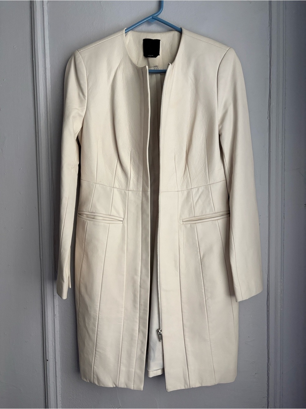 bebe Cream Long Leather Trench Coat with Zip Front: Sleek and Soft
